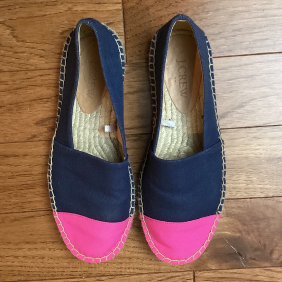 J.CREW Navy Neon Flamingo Canvas Cap Toe Colorblock Slip On Espadrilles Size 5.5 - Picture 2 of 6